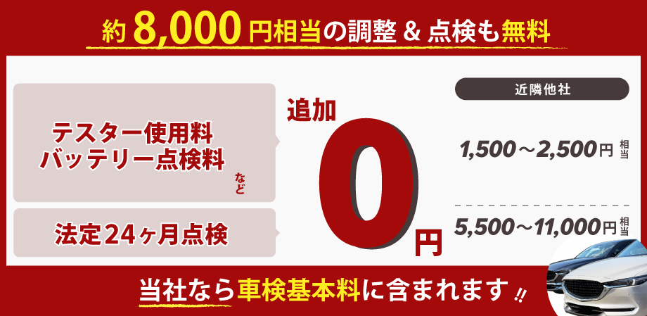 約8,000円相当の調整＆点検が無料！バッテリー点検料、テスター使用料、24カ月点検など！マッハ車検大牟田白川店なら車検基本料に含まれます！